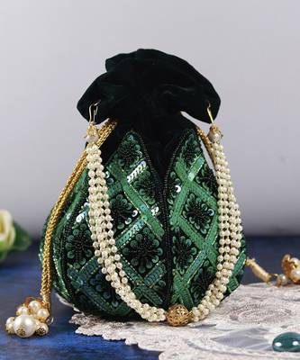 Green velvet hand embroidered lotus potli 1