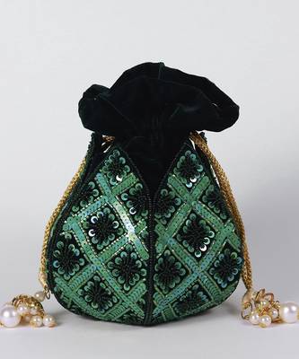 Green velvet hand embroidered lotus potli 2