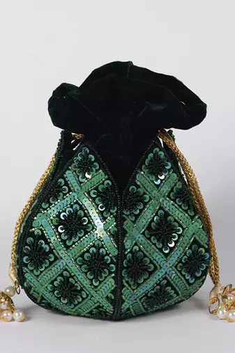 Green velvet hand embroidered lotus potli