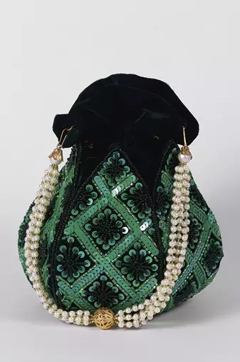 Green velvet hand embroidered lotus potli