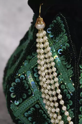 Green velvet hand embroidered lotus potli