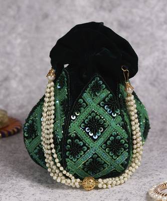Green velvet hand embroidered lotus potli 5