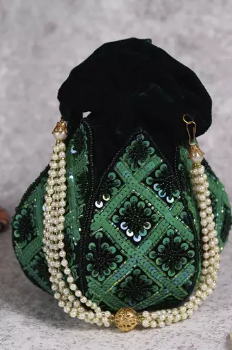 Green velvet hand embroidered lotus potli