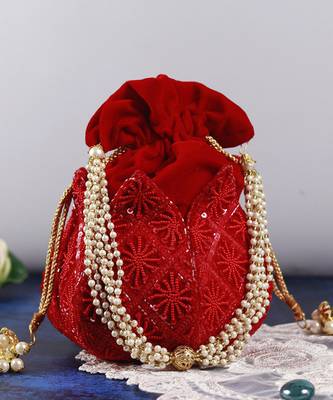 Red velvet hand embroidered lotus potli 1