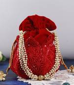 Red velvet hand embroidered lotus potli