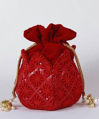 Red velvet hand embroidered lotus potli 2