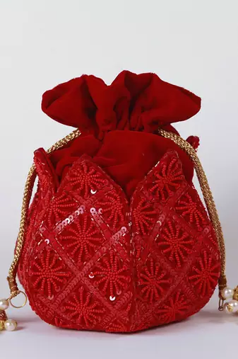 Red velvet hand embroidered lotus potli
