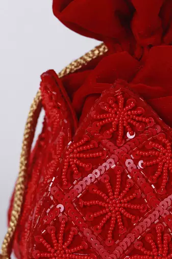 Red velvet hand embroidered lotus potli