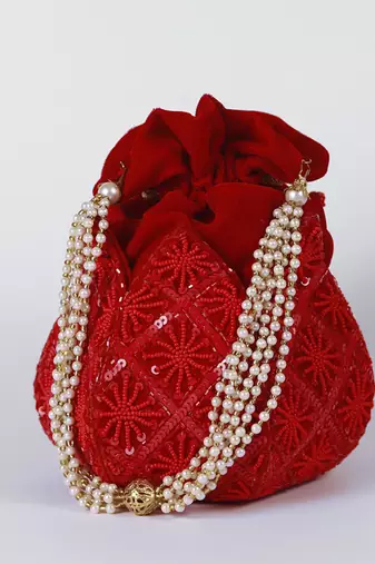 Red velvet hand embroidered lotus potli