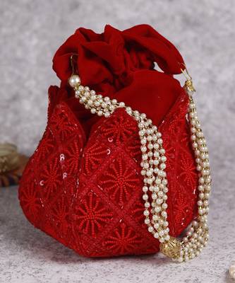 Red velvet hand embroidered lotus potli 5