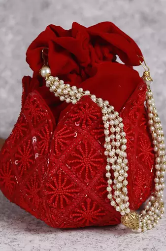 Red velvet hand embroidered lotus potli