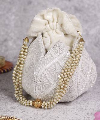 White velvet hand embroidered lotus potli 1