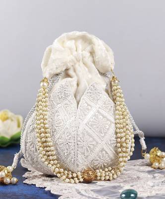 White velvet hand embroidered lotus potli 2