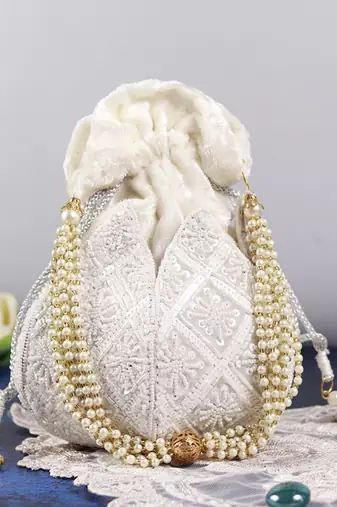 White velvet hand embroidered lotus potli