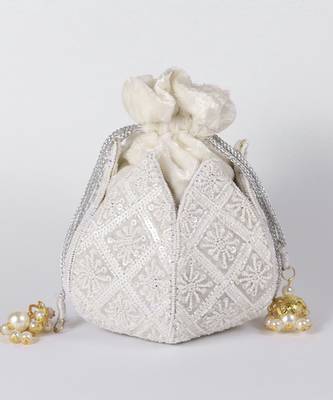 White velvet hand embroidered lotus potli 3