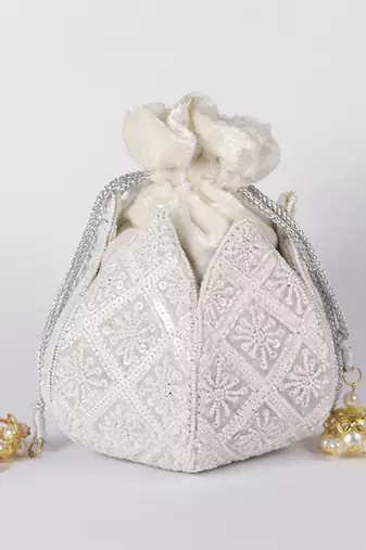 White velvet hand embroidered lotus potli