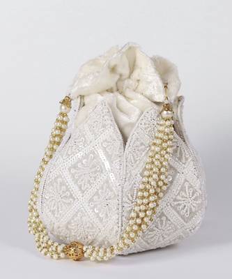 White velvet hand embroidered lotus potli 4