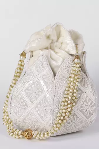 White velvet hand embroidered lotus potli