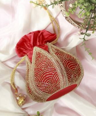 Red hand embroidered silk mini lotus potli 1