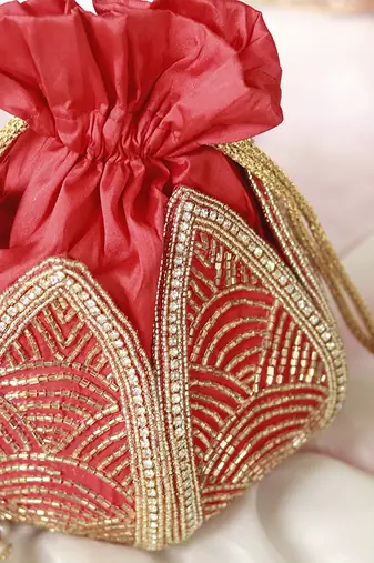 Red hand embroidered silk mini lotus potli