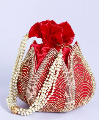 Red hand embroidered silk mini lotus potli 3
