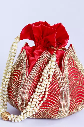 Red hand embroidered silk mini lotus potli