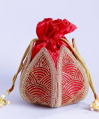 Red hand embroidered silk mini lotus potli 4