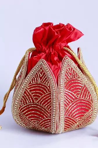 Red hand embroidered silk mini lotus potli