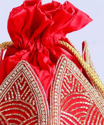 Red hand embroidered silk mini lotus potli 5