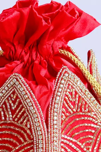 Red hand embroidered silk mini lotus potli