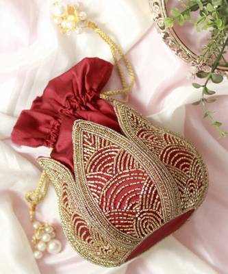 Red silk hand embroidered mini lotus potli 1
