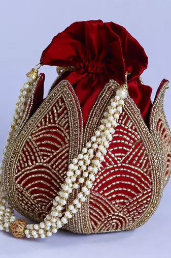 Red silk hand embroidered mini lotus potli