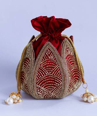 Red silk hand embroidered mini lotus potli 3