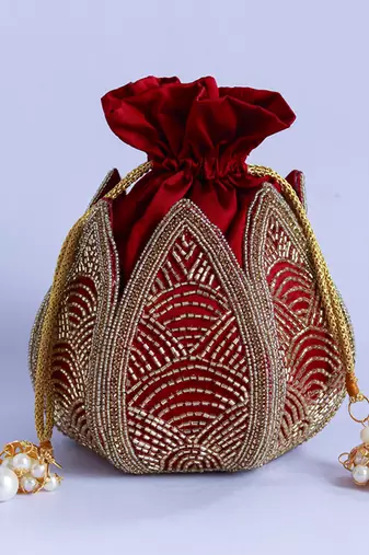 Red silk hand embroidered mini lotus potli
