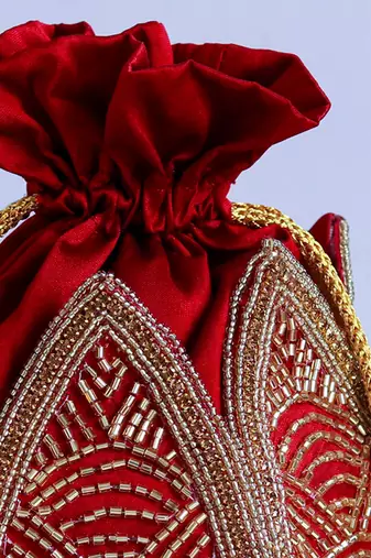 Red silk hand embroidered mini lotus potli