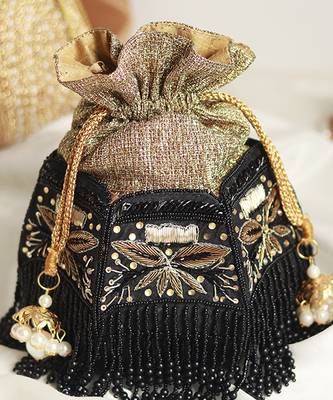 Black silk hand embroidered half lotus potli 1