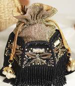 Black silk hand embroidered half lotus potli