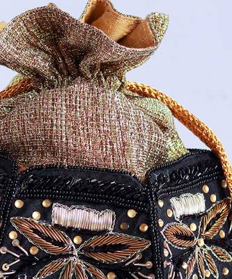 Black silk hand embroidered half lotus potli 3