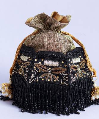 Black silk hand embroidered half lotus potli 4