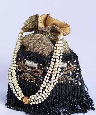 Black silk hand embroidered half lotus potli 5