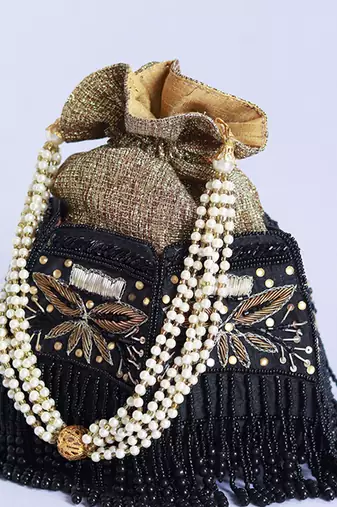 Black silk hand embroidered half lotus potli