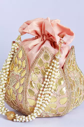 Pink silk gotapatti handwork mini lotus potli