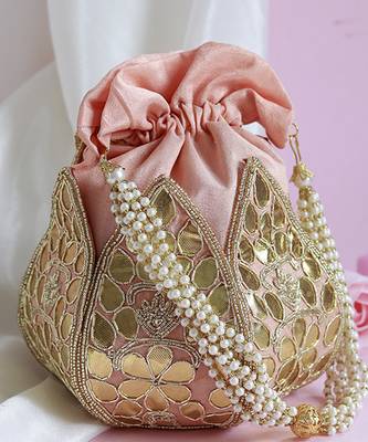 Pink silk gotapatti handwork mini lotus potli 3