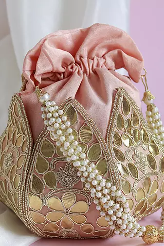 Pink silk gotapatti handwork mini lotus potli