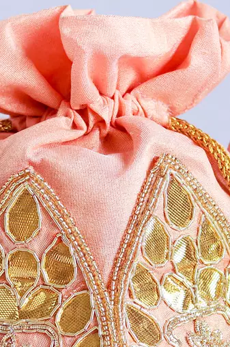 Pink silk gotapatti handwork mini lotus potli
