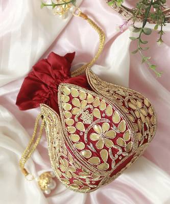Red silk gotapatti handwork mini lotus potli 1