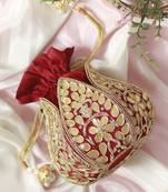 Red silk gotapatti handwork mini lotus potli