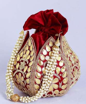 Red silk gotapatti handwork mini lotus potli 2
