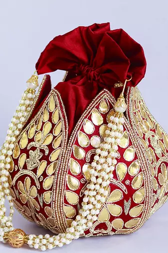 Red silk gotapatti handwork mini lotus potli