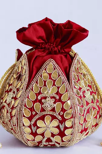 Red silk gotapatti handwork mini lotus potli